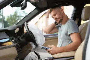Injured driver holding his head after a car crash with deployed airbag representing victims helped by Mogy Law TN’s experienced Winchester Road car accident lawyers.