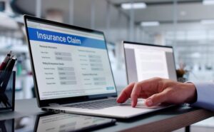 A person's hand in a dark business blazer sleeve reaches across a reflective black desk to type on a silver laptop displaying a blue-headed online form titled "Insurance Claim" with visible fields for personal information including date of birth and social security number as well as sections for policy and insurance details such as policy number- group number- and employer name- with a second open laptop and a small potted plant blurred in the background of a bright modern office — showing the digital process of completing and submitting an insurance claim with help from Mogy Law Firm.