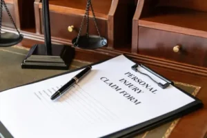 Personal injury claim form beside a gavel and justice scales symbolizing how a truck accident lawyer handles legal claims after a crash.