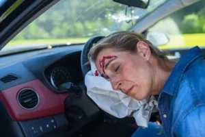 Injured woman in a car after a collision who needs a personal injury lawyer