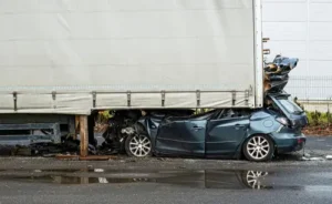 Car crushed beneath a large truck after a collision to illustrate the need for a truck accident lawyer.