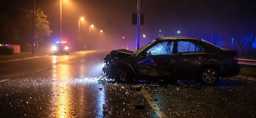 A totaled dark-colored sedan sits completely destroyed in the middle of a wet two-lane road late at night- its entire front end obliterated with the hood peeled back- the windshield shattered inward- and large chunks of twisted metal- broken plastic- and shattered glass scattered broadly across both lanes of the glistening rain-soaked pavement around the vehicle with the flashing red and blue emergency lights of a police cruiser visible through the amber-tinted foggy haze in the far background and illuminated streetlights lining both sides of the road — a devastating nighttime crash scene that leaves victims facing mounting medical bills and lost wages during a lengthy recovery in Tennessee.